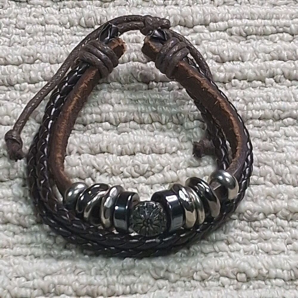 Mens Braided Leather Bracelet Metal Bead Rings Multilayer Adjustable Fashion